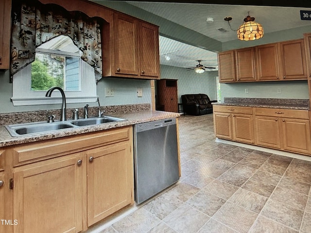 kitchen with stainless steel dishwasher, a sink, and a ceiling fan