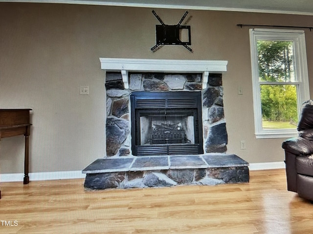 room details with a stone fireplace, baseboards, and wood finished floors