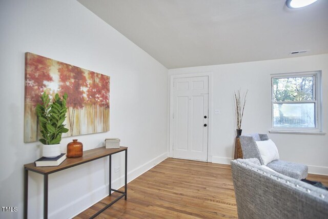 entryway with wood-type flooring and lofted ceiling