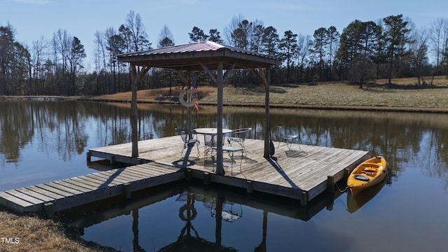 dock area with a water view and a gazebo