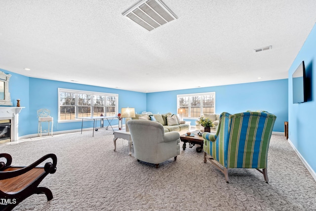 carpeted living room with a textured ceiling