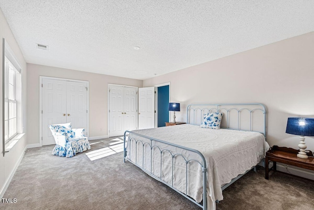 bedroom with multiple windows, multiple closets, carpet floors, and a textured ceiling