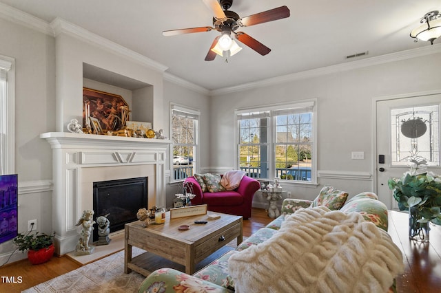 living room featuring ceiling fan, a healthy amount of sunlight, hardwood / wood-style flooring, and crown molding