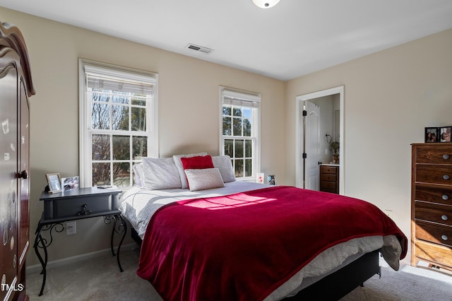 carpeted bedroom with ensuite bathroom and multiple windows