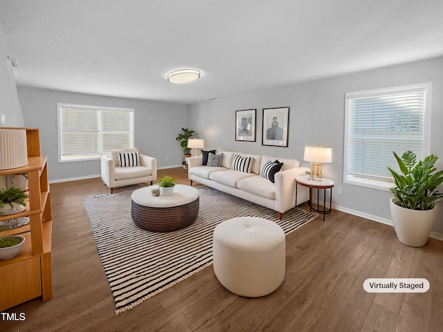 living room featuring dark wood-type flooring