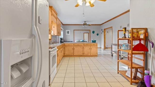 kitchen featuring sink, crown molding, white appliances, light tile patterned flooring, and light brown cabinetry