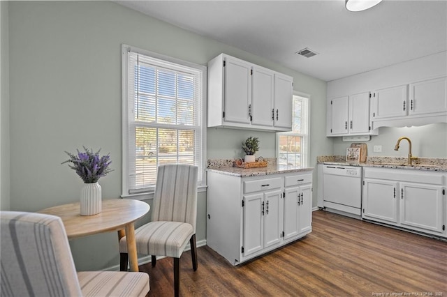 kitchen featuring dark wood finished floors, visible vents, white cabinetry, a sink, and dishwasher