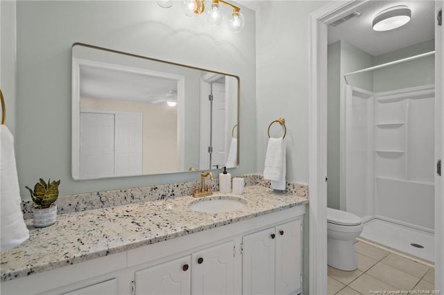 bathroom featuring a stall shower, visible vents, toilet, tile patterned floors, and vanity