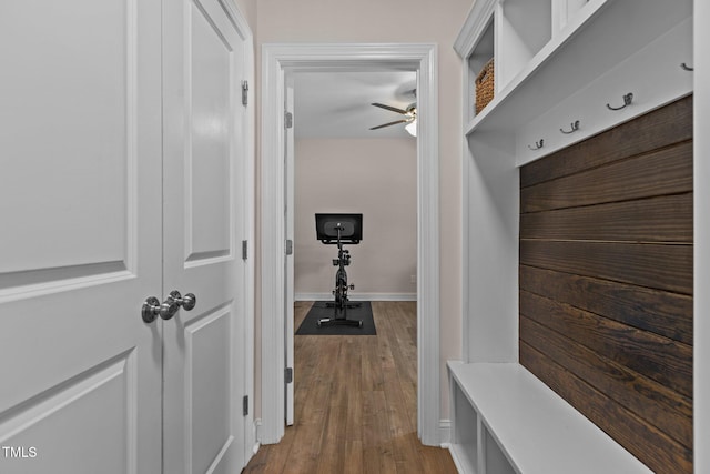 mudroom featuring ceiling fan and hardwood / wood-style floors