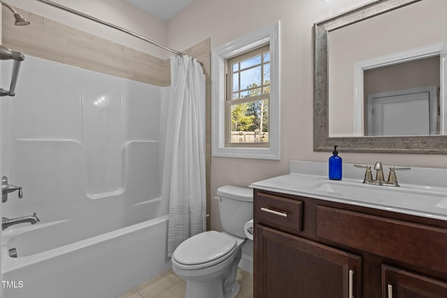 full bathroom featuring shower / tub combo with curtain, vanity, tile patterned flooring, and toilet