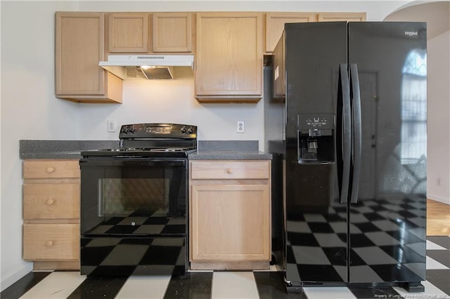 kitchen featuring light brown cabinetry and black appliances