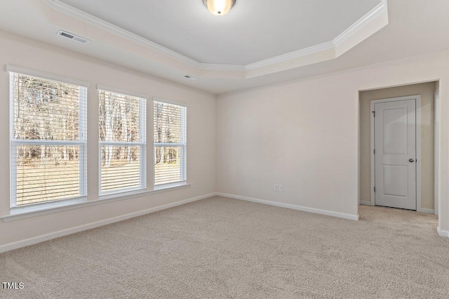 empty room with crown molding, light colored carpet, and a raised ceiling