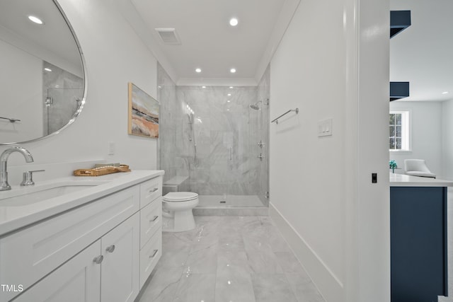 bathroom featuring toilet, ornamental molding, an enclosed shower, and vanity