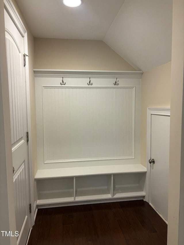 mudroom with lofted ceiling and dark hardwood / wood-style flooring