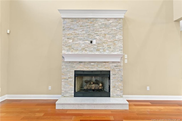 room details with wood-type flooring and a fireplace