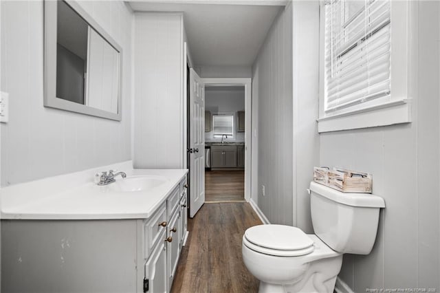 bathroom with toilet, vanity, and wood-type flooring