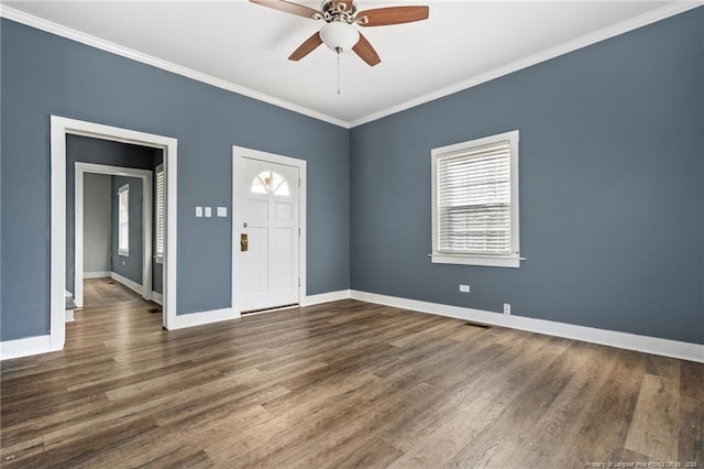 foyer with ceiling fan, dark hardwood / wood-style flooring, and crown molding