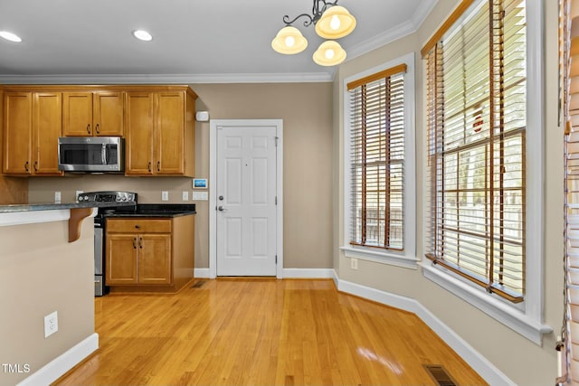 kitchen featuring crown molding, appliances with stainless steel finishes, hanging light fixtures, light hardwood / wood-style floors, and a chandelier