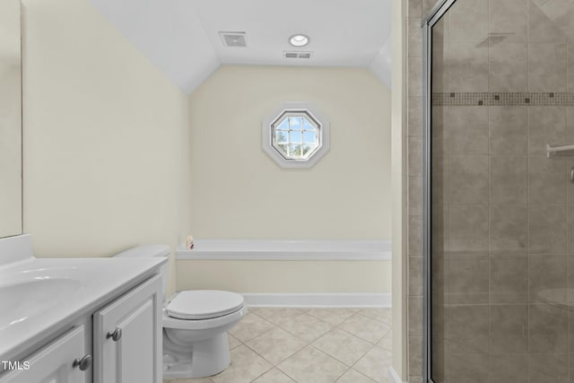 bathroom with tile patterned floors, toilet, a shower with shower door, vaulted ceiling, and vanity