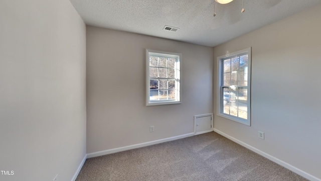 spare room featuring ceiling fan, carpet, and a textured ceiling