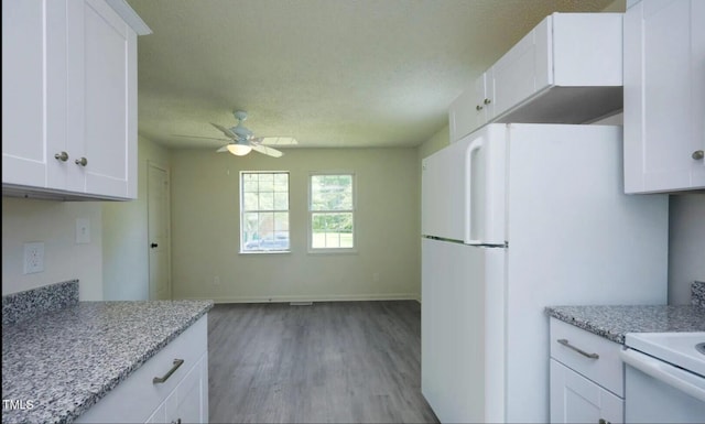 kitchen with light stone counters, ceiling fan, light hardwood / wood-style flooring, and white cabinets