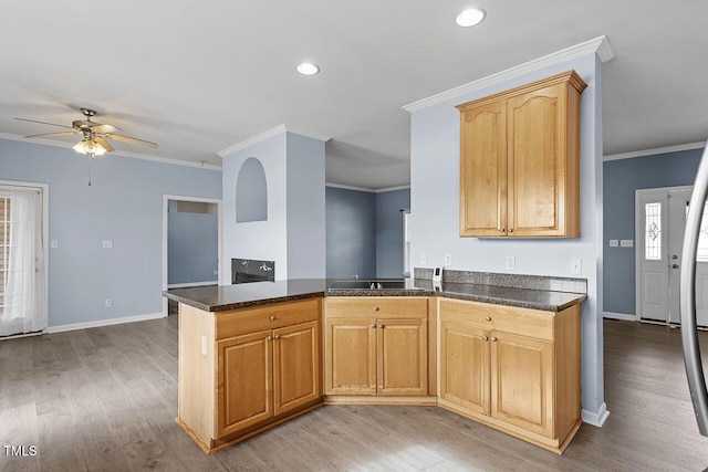 kitchen with ceiling fan, kitchen peninsula, ornamental molding, and light wood-type flooring