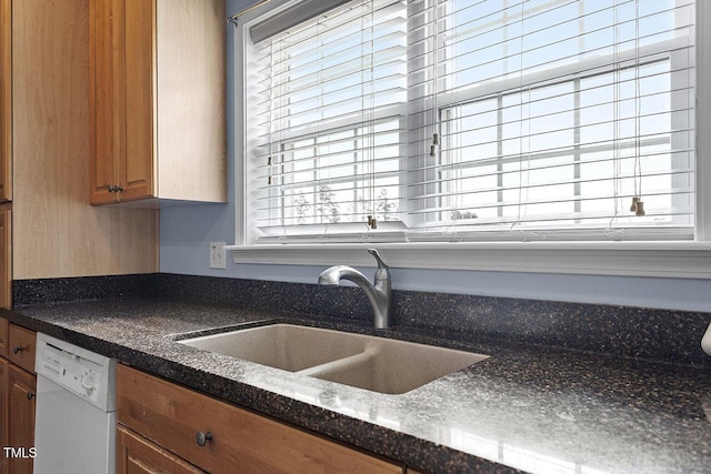 kitchen with dark stone counters, sink, and white dishwasher