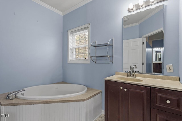 bathroom featuring crown molding, a washtub, and vanity