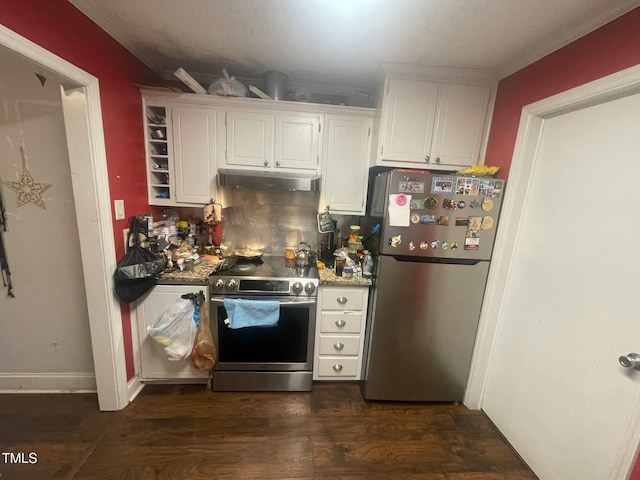 kitchen featuring stainless steel appliances, dark hardwood / wood-style flooring, white cabinetry, and backsplash