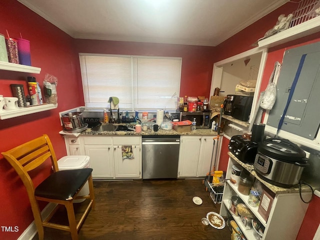 kitchen with dark wood-type flooring, dishwasher, white cabinets, light stone counters, and sink