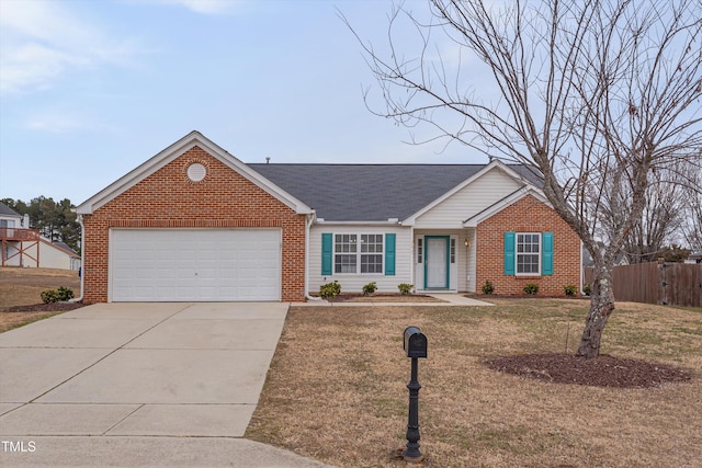 single story home featuring a garage and a front lawn