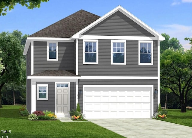 view of front of home featuring a front lawn and a garage