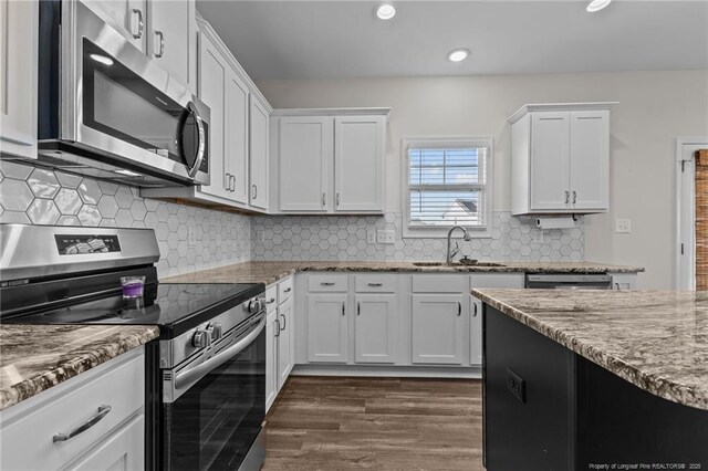 kitchen with white cabinetry, appliances with stainless steel finishes, dark hardwood / wood-style flooring, light stone counters, and sink