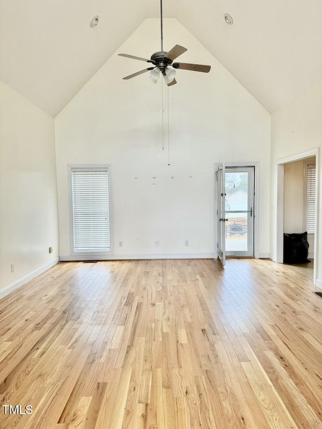 unfurnished living room with high vaulted ceiling, ceiling fan, and light hardwood / wood-style flooring