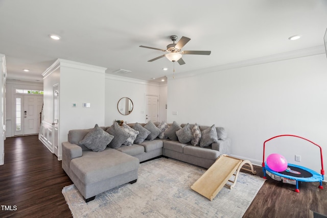 115 Bourne Dr, Franklinton, NC 27525 - living room with wood finished floors, ornamental molding, ceiling fan, recessed lighting, and baseboards