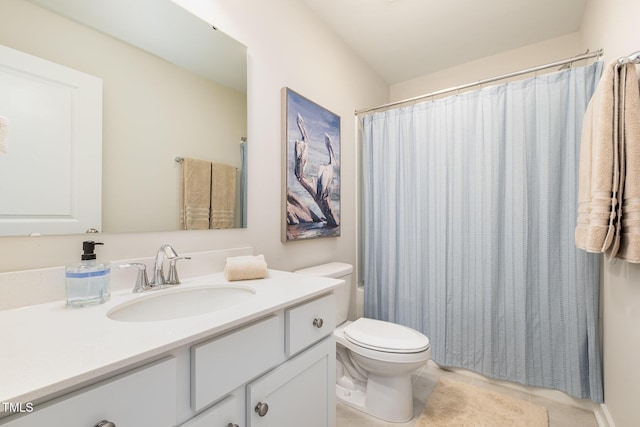 bathroom with toilet, tile patterned flooring, a shower with curtain, and vanity