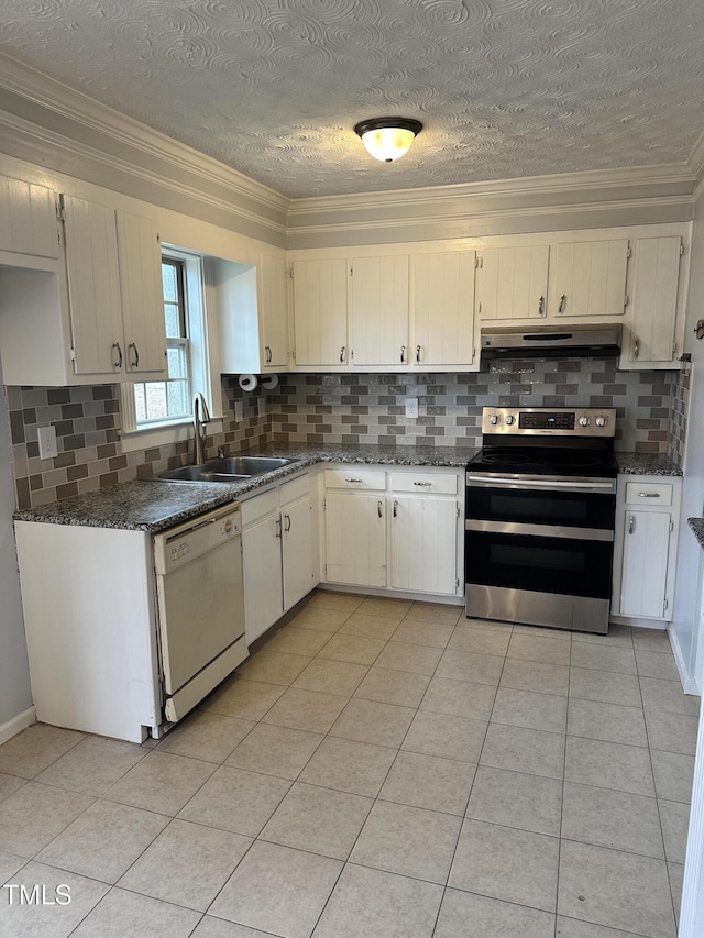 kitchen with light tile patterned floors, stainless steel electric range oven, dishwasher, white cabinets, and sink