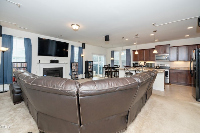 living room featuring light carpet