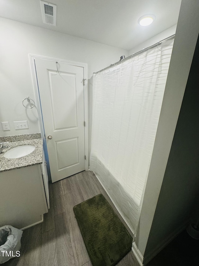 bathroom with wood-type flooring and vanity