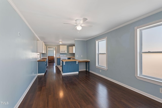 interior space with ceiling fan, dark hardwood / wood-style floors, and ornamental molding