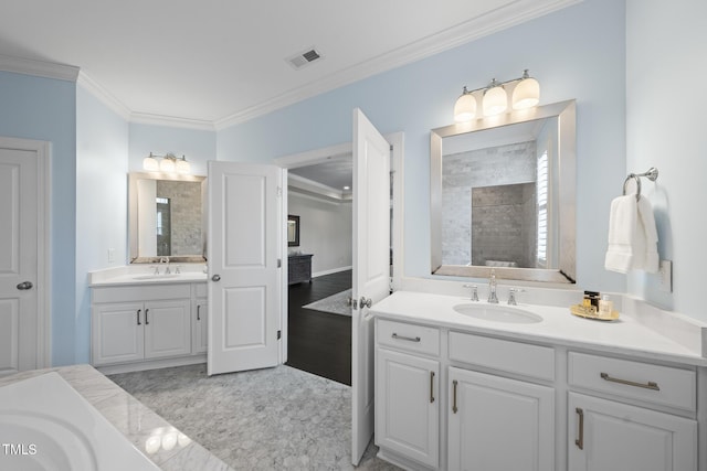 full bath featuring visible vents, two vanities, a sink, and ornamental molding