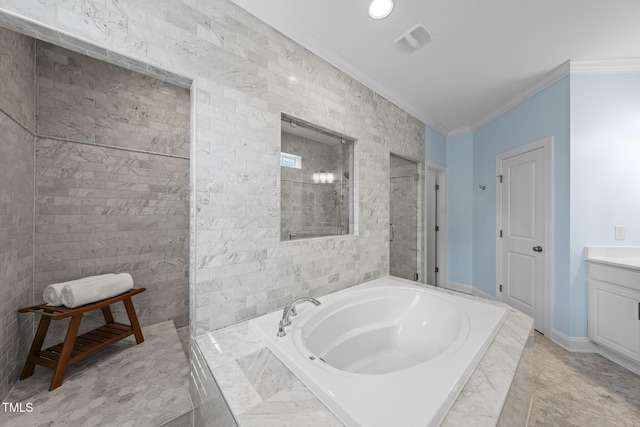 bathroom featuring visible vents, a garden tub, crown molding, vanity, and a walk in shower