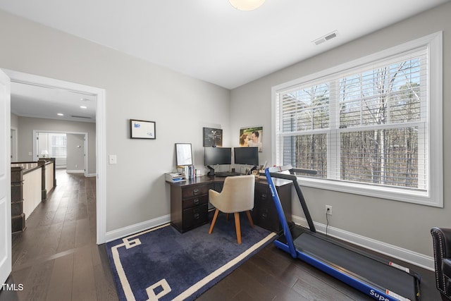 office with baseboards, visible vents, and dark wood-type flooring