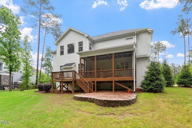 1141 Barley Stone Way, Raleigh, NC 27603 - back of property with stairs, a sunroom, a deck, and a lawn