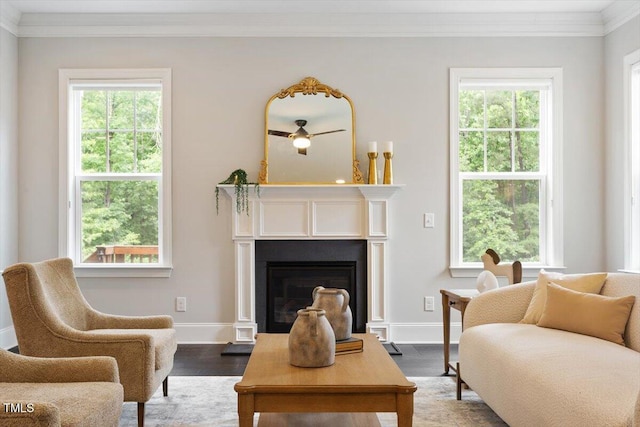 1141 Barley Stone Way, Raleigh, NC 27603 - living area featuring ornamental molding, dark wood-type flooring, plenty of natural light, a glass covered fireplace, and baseboards