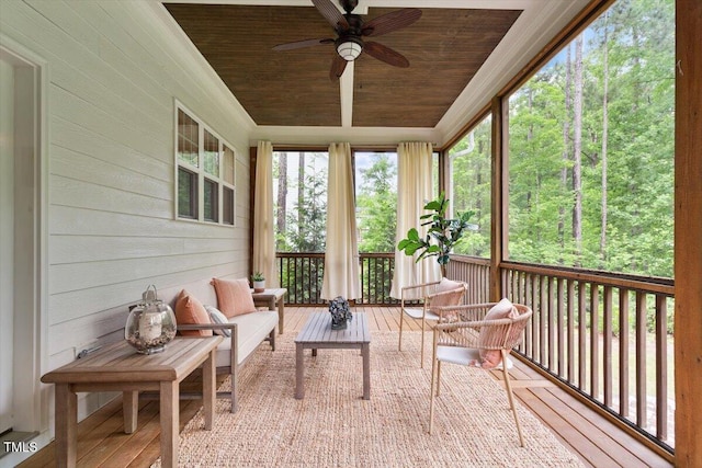 1141 Barley Stone Way, Raleigh, NC 27603 - sunroom featuring wood ceiling, ceiling fan, wood finished floors, an outdoor hangout area, and ornamental molding