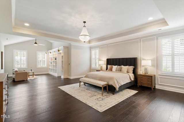 1141 Barley Stone Way, Raleigh, NC 27603 - bedroom featuring a tray ceiling, ornamental molding, dark wood finished floors, recessed lighting, and baseboards