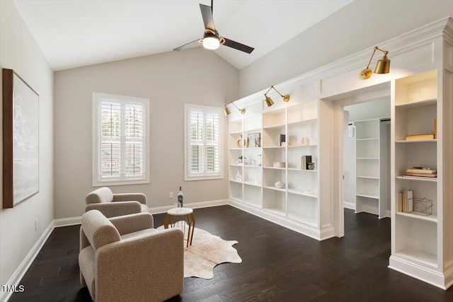1141 Barley Stone Way, Raleigh, NC 27603 - living area featuring a ceiling fan, dark wood-style floors, baseboards, and vaulted ceiling