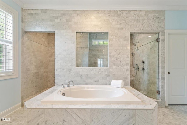 1141 Barley Stone Way, Raleigh, NC 27603 - bathroom with a stall shower, plenty of natural light, a bath, baseboards, and ornamental molding