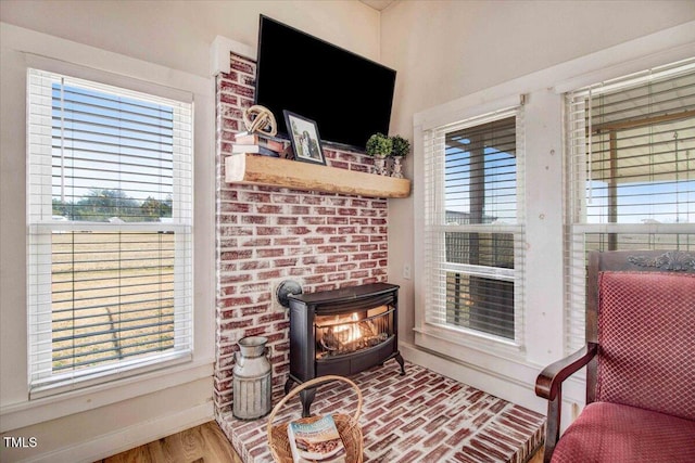 living room with a wood stove and hardwood / wood-style flooring